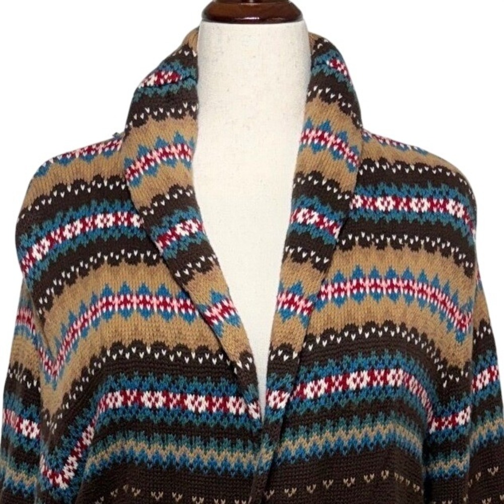 Chaps Cardigan Women XL Brown Fair Isle Birds Eye Belted Shawl Collar Sweater